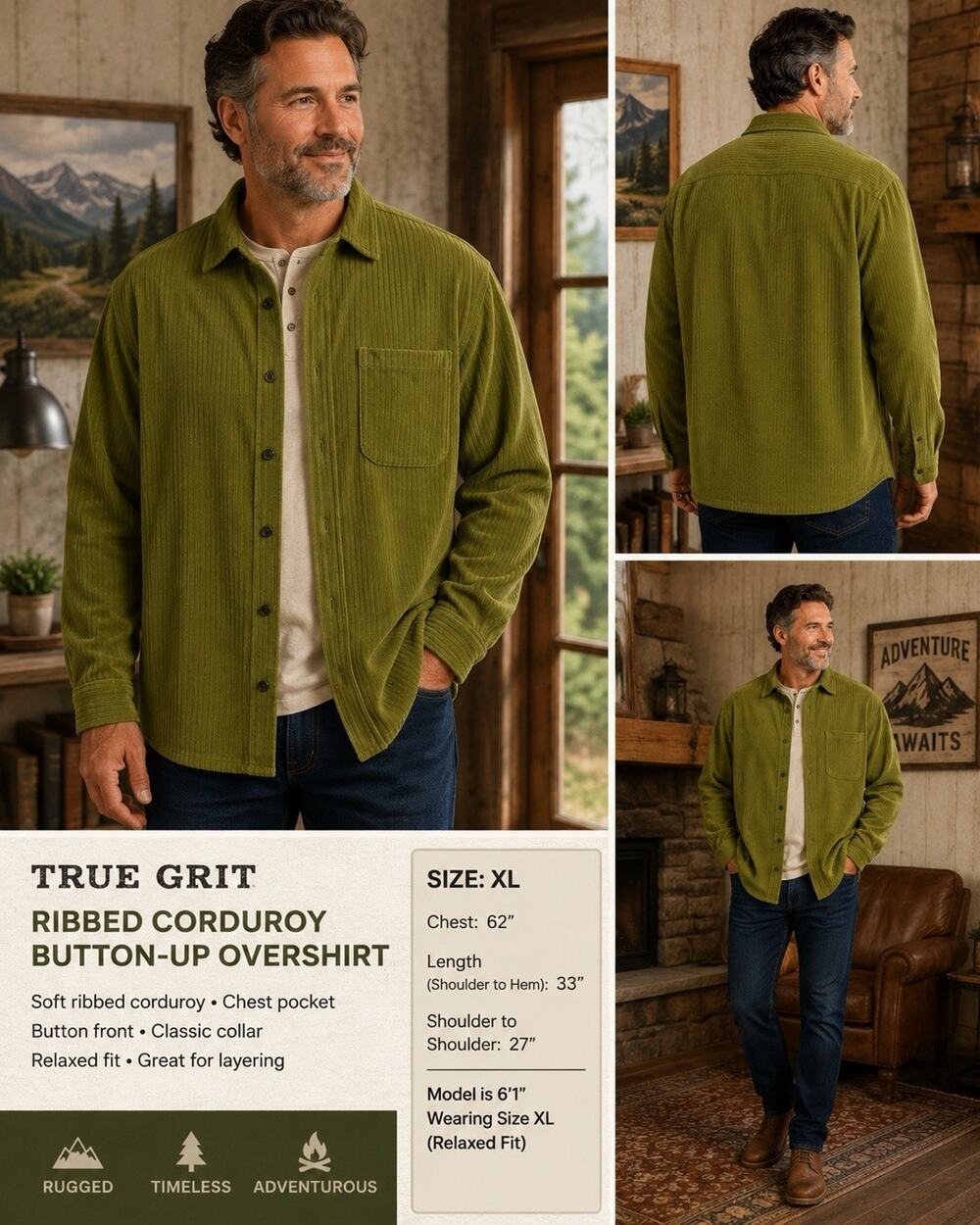 True Grit Men’s XL Olive Green Ribbed Buttonup Overshirt Corduroy Long Sleeve XL